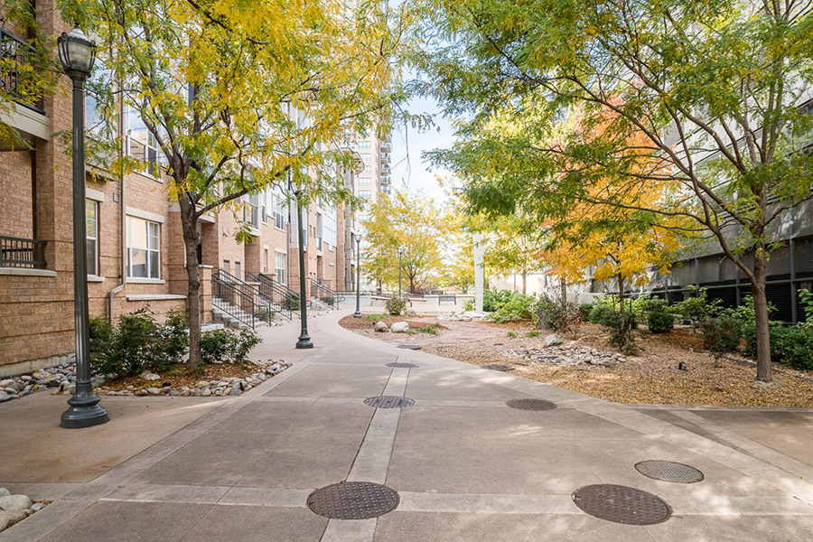 Colorado apartment courtyard with lamp posts, winding paths, and lush landscaping with tall autumnal trees.
