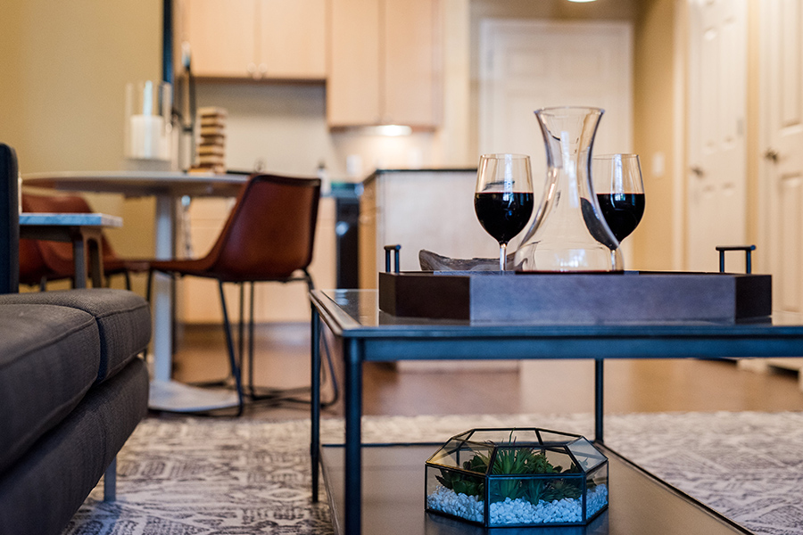 Detail of living room coffee table with red wine in glasses and terrarium with rocks and succulents.