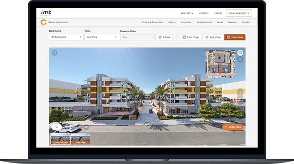 Laptop showing virtual tour of Citrus Commons apartments.