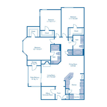 Rendering of the C1 floor plan with 3 bedroom[s] and 2 bathroom[s] at IMT Deerfield