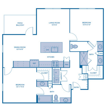 Rendering of the B3 floor plan with 2 bedroom[s] and 2 bathroom[s] at IMT Lake Mary