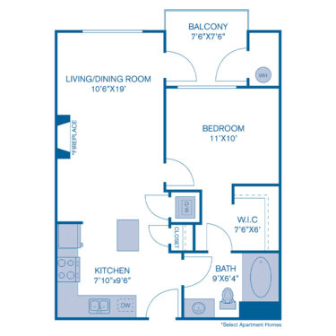 Rendering of the A3 floor plan with 1 bedroom[s] and 1 bathroom[s] at IMT at City Park