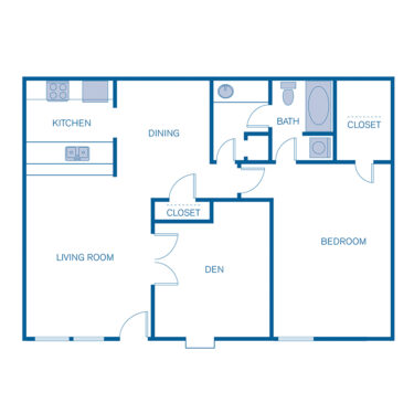 Rendering of the 1D floor plan with 1 bedroom[s] and 1 bathroom[s] at 5401 Chimney Rock