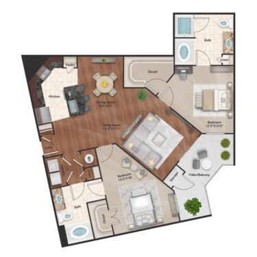 Rendering of the B7 floor plan with 2 bedroom[s] and 2 bathroom[s] at IMT Uptown Post Oak