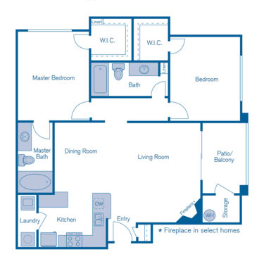 Rendering of the B2 floor plan with 2 bedroom[s] and 2 bathroom[s] at IMT Riverview