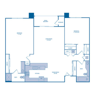 Rendering of the B1 floor plan with 2 bedroom[s] and 2 bathroom[s] at IMT Mission Valley