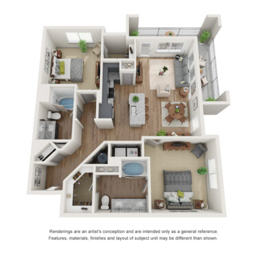Rendering of the B4 floor plan with 2 bedroom[s] and 2 bathroom[s] at IMT Ballantyne