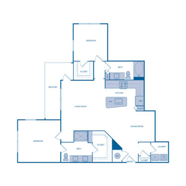 Rendering of the B8 floor plan with 2 bedroom[s] and 2 bathroom[s] at IMT Germantown