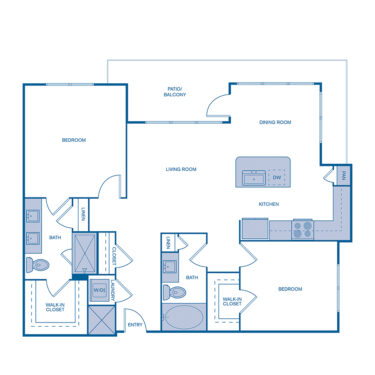 Rendering of the B4 floor plan with 2 bedroom[s] and 2 bathroom[s] at IMT at the Galleria