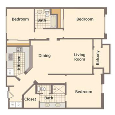 Rendering of the C1 floor plan with 3 bedroom[s] and 2 bathroom[s] at IMT Belasera at Sherman Way