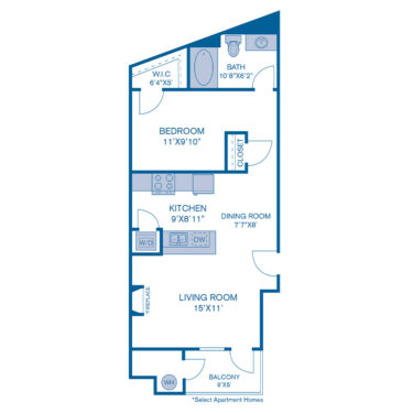 Rendering of the E1 floor plan with 1 bedroom[s] and 1 bathroom[s] at IMT at City Park