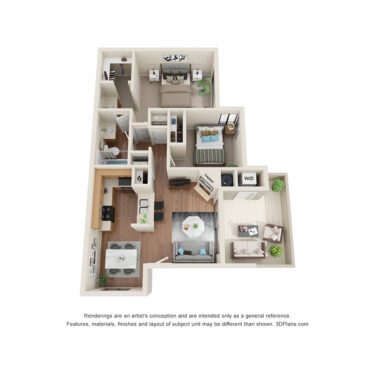 Rendering of the B1 floor plan with 2 bedroom[s] and 1 bathroom[s] at IMT Pleasanton