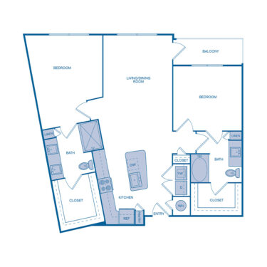 Rendering of the B2 floor plan with 2 bedroom[s] and 2 bathroom[s] at IMT Germantown
