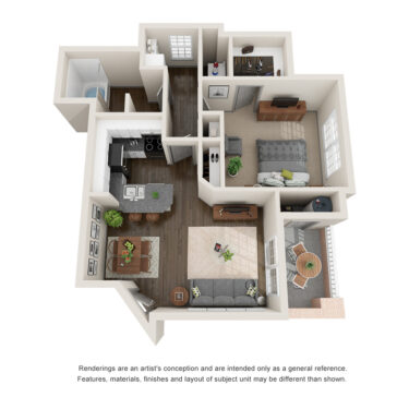 Rendering of the A2UPGRADE floor plan with 1 bedroom[s] and 1 bathroom[s] at IMT Lowry