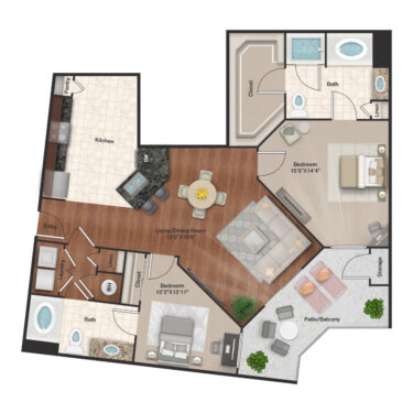 Rendering of the B3 floor plan with 2 bedroom[s] and 2 bathroom[s] at IMT Uptown Post Oak