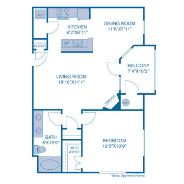 Rendering of the A16 floor plan with 1 bedroom[s] and 1 bathroom[s] at IMT at City Park