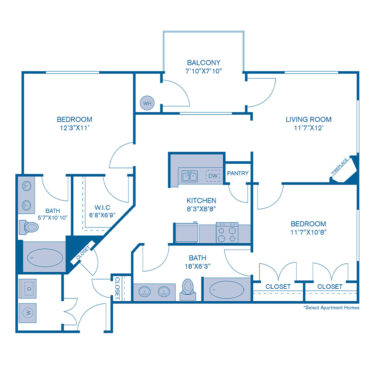 Rendering of the B1 floor plan with 2 bedroom[s] and 2 bathroom[s] at IMT at City Park