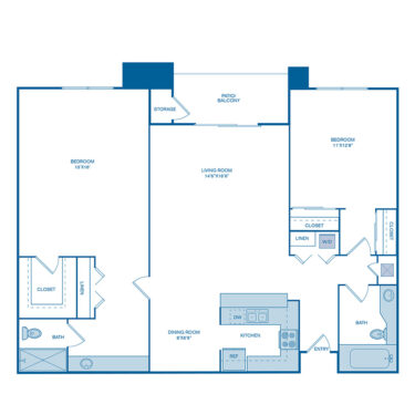 Rendering of the B3 floor plan with 2 bedroom[s] and 2 bathroom[s] at IMT Mission Valley