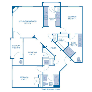 Rendering of the C2 floor plan with 3 bedroom[s] and 2 bathroom[s] at IMT at City Park