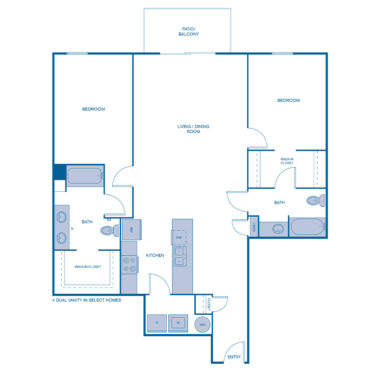Rendering of the B8LOFT floor plan with 2 bedroom[s] and 2 bathroom[s] at IMT Franklin Gateway