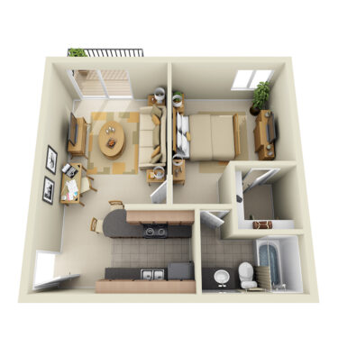 Rendering of the A1 floor plan with 1 bedroom[s] and 1 bathroom[s] at IMT Pleasant Hill