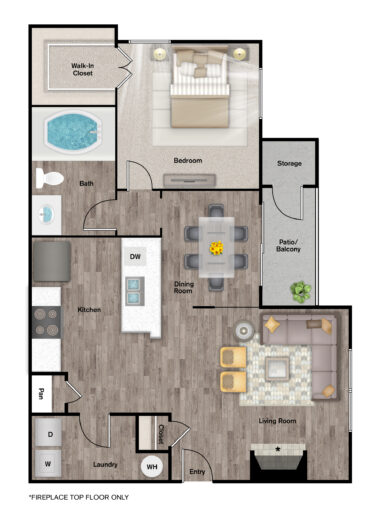 Rendering of the A1W Upgrade floor plan with 1 bedroom[s] and 1 bathroom[s] at IMT Cool Springs