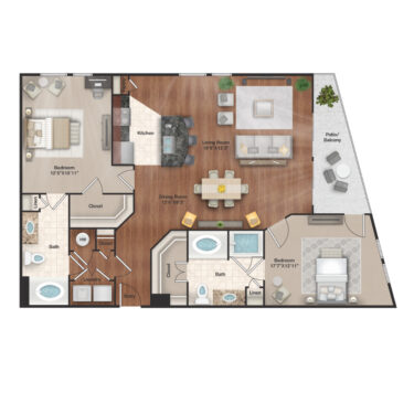 Rendering of the B13 floor plan with 2 bedroom[s] and 2 bathroom[s] at IMT Uptown Post Oak