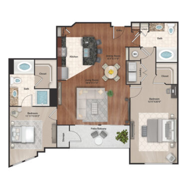Rendering of the B6 floor plan with 2 bedroom[s] and 2 bathroom[s] at IMT Uptown Post Oak