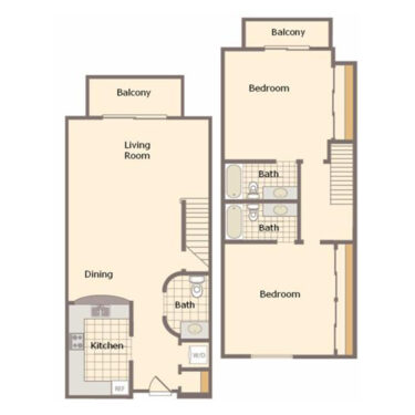Rendering of the B2  floor plan with 2 bedroom[s] and 2.5 bathroom[s] at IMT Belasera at Sherman Way