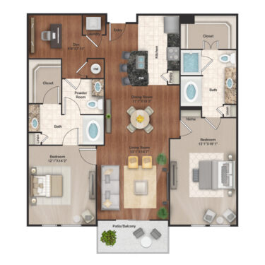 Rendering of the B14 floor plan with 2 bedroom[s] and 2 bathroom[s] at IMT Uptown Post Oak