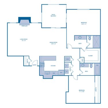 Rendering of the B3 floor plan with 2 bedroom[s] and 2 bathroom[s] at Summerset Village