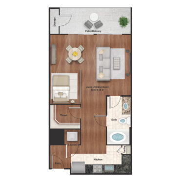Rendering of the E1 floor plan with a Studio bedroom and 1 bathroom[s] at IMT Uptown Post Oak
