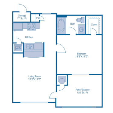 Rendering of the A2 floor plan with 1 bedroom[s] and 1 bathroom[s] at IMT Deerfield