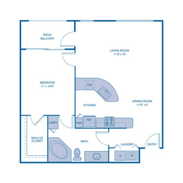 Rendering of the A2 floor plan with 1 bedroom[s] and 1 bathroom[s] at IMT North Scottsdale