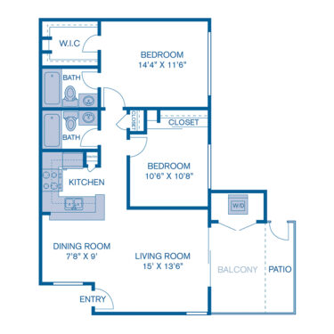 Rendering of the B2 floor plan with 2 bedroom[s] and 2 bathroom[s] at IMT Sorrento Valley