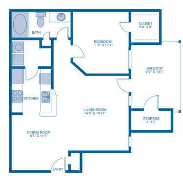 Rendering of the A1 floor plan with 1 bedroom[s] and 1 bathroom[s] at IMT Woodland Meadows
