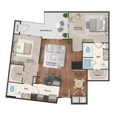 Rendering of the B1 floor plan with 2 bedroom[s] and 2 bathroom[s] at IMT Uptown Post Oak