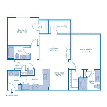Rendering of the B2 floor plan with 2 bedroom[s] and 2 bathroom[s] at IMT Deerfield
