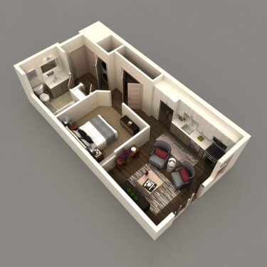 Rendering of the E1 floor plan with a Studio bedroom and 1 bathroom[s] at IMT 8 South