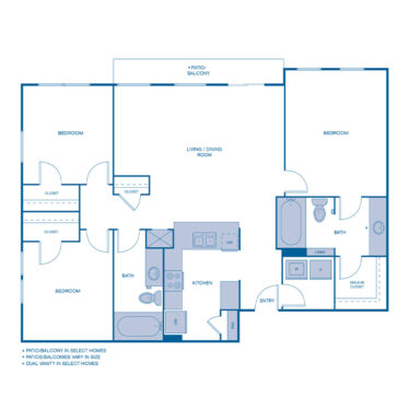 Rendering of the C1 floor plan with 3 bedroom[s] and 2 bathroom[s] at IMT Franklin Gateway