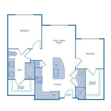 Rendering of the B1 floor plan with 2 bedroom[s] and 1 bathroom[s] at IMT at the Galleria
