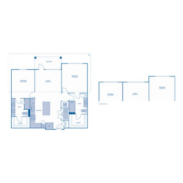 Rendering of the B2 floor plan with 2 bedroom[s] and 2 bathroom[s] at IMT Lake House