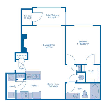 Rendering of the A1 floor plan with 1 bedroom[s] and 1 bathroom[s] at IMT Stoneleigh at Deerfield