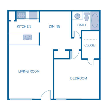 Rendering of the 1B floor plan with 1 bedroom[s] and 1 bathroom[s] at Pavilion Place