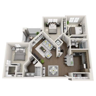 Rendering of the C1 floor plan with 3 bedroom[s] and 2 bathroom[s] at IMT Edgewater