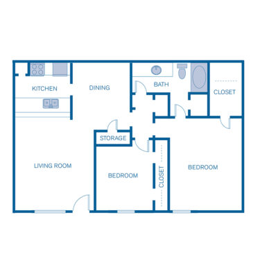 Rendering of the 2A floor plan with 2 bedroom[s] and 1 bathroom[s] at Pavilion Place