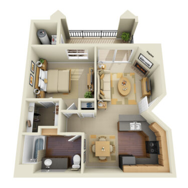 Rendering of the A2 floor plan with 1 bedroom[s] and 1 bathroom[s] at IMT Stevenson Ranch