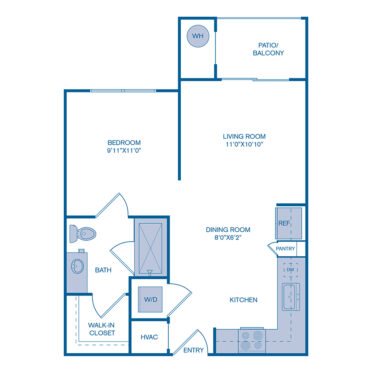 Rendering of the E1 floor plan with a Studio bedroom and 1 bathroom[s] at IMT at RidgeGate