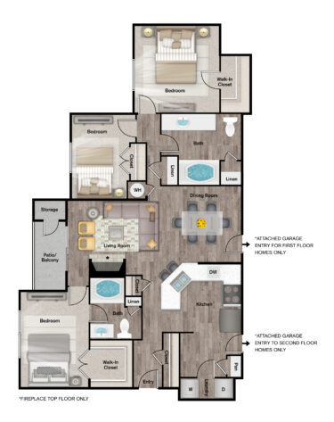 Rendering of the C1W Upgrade floor plan with 3 bedroom[s] and 2 bathroom[s] at IMT Cool Springs