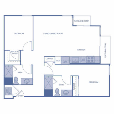 Rendering of the B3 floor plan with 2 bedroom[s] and 2 bathroom[s] at Citrus Commons